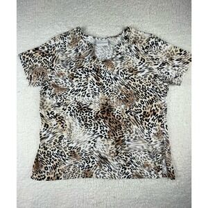 Alfred Dunner Leopard Print Studded Neck Short Sleeve Top Tan Black Womens XL